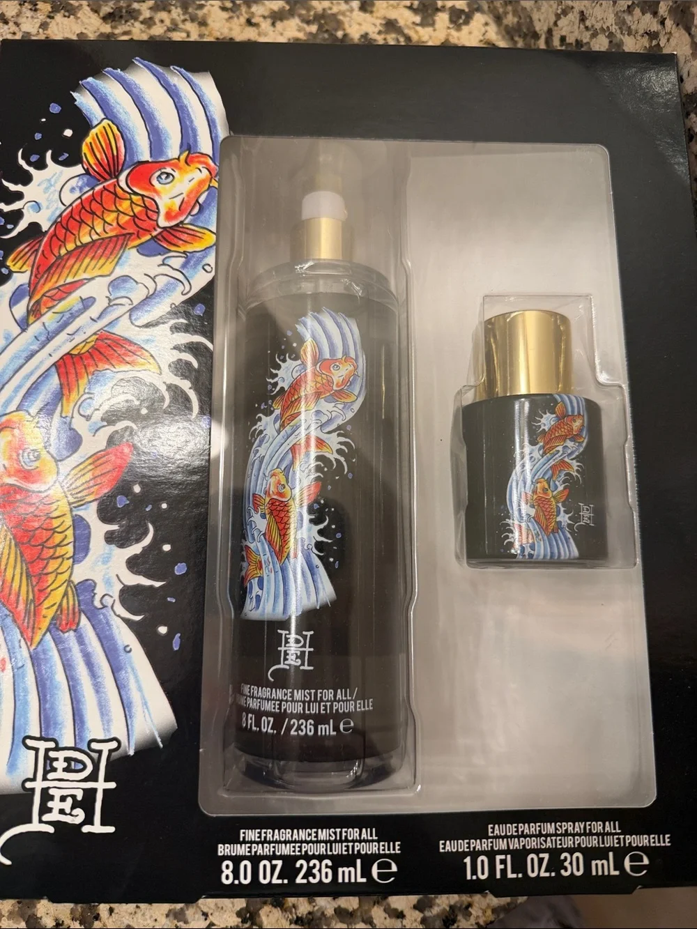 Ed Hardy Black Bath & Body Set with Orange Koi Artwork
